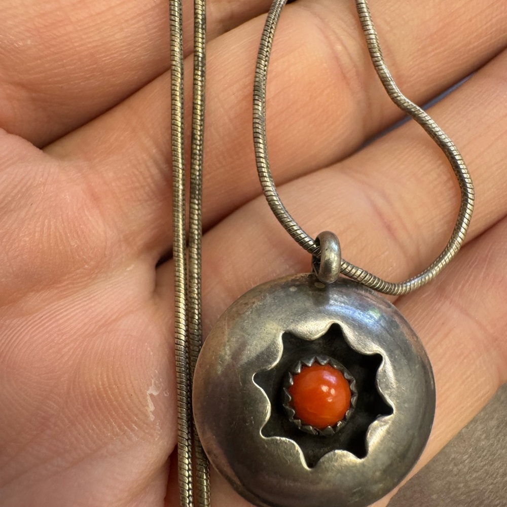 Vintage Southwest Sterling Silver Pendant Necklace with Coral Accent 10.9g
